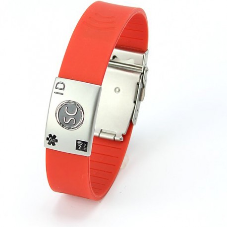 Red NFC identification bracelet with metal ID plate and clasp